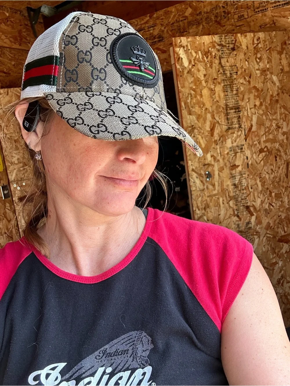 Canvas Baseball Cap with Black Bee Patch and Green-Red Stripe